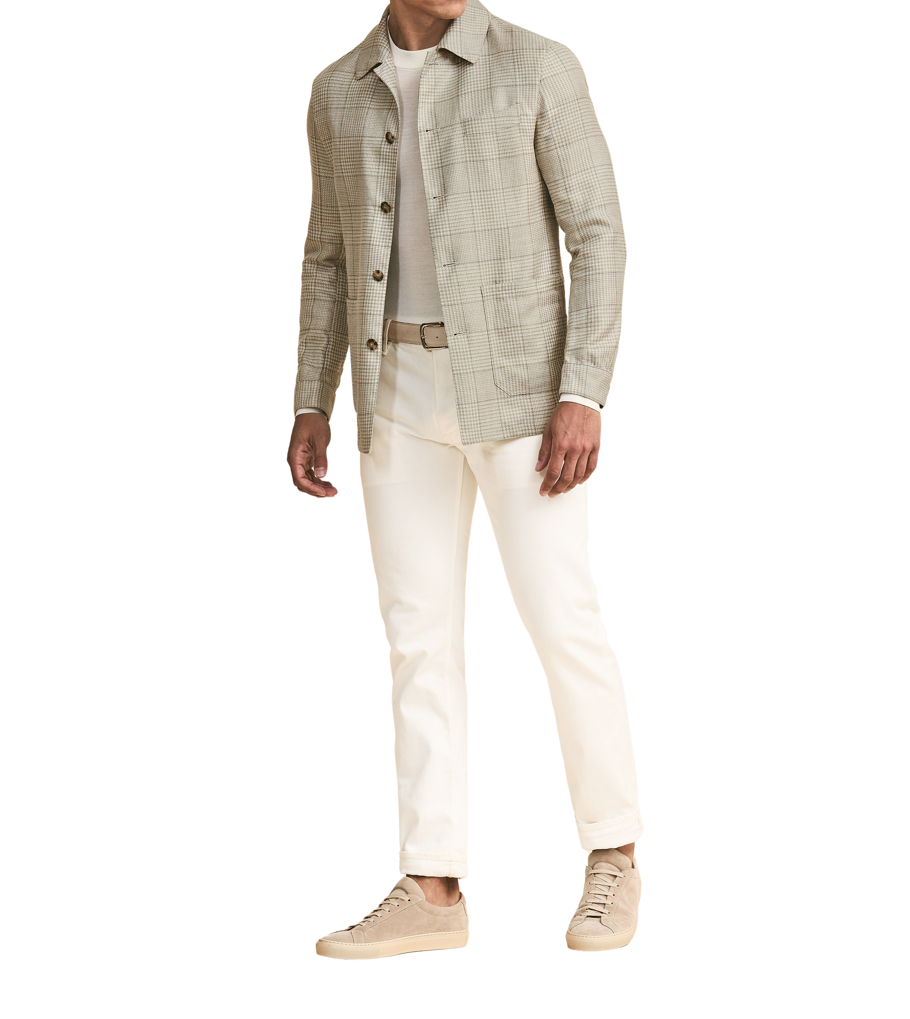 Sandfarbene Shirt Jacket aus Wolle, Seide & Leine mit grauem Karomuster von Loro Piana